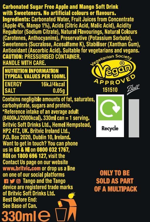 Tango Mango Sugar Free: Soft Drink Cans - 330ml (Pack of 24)