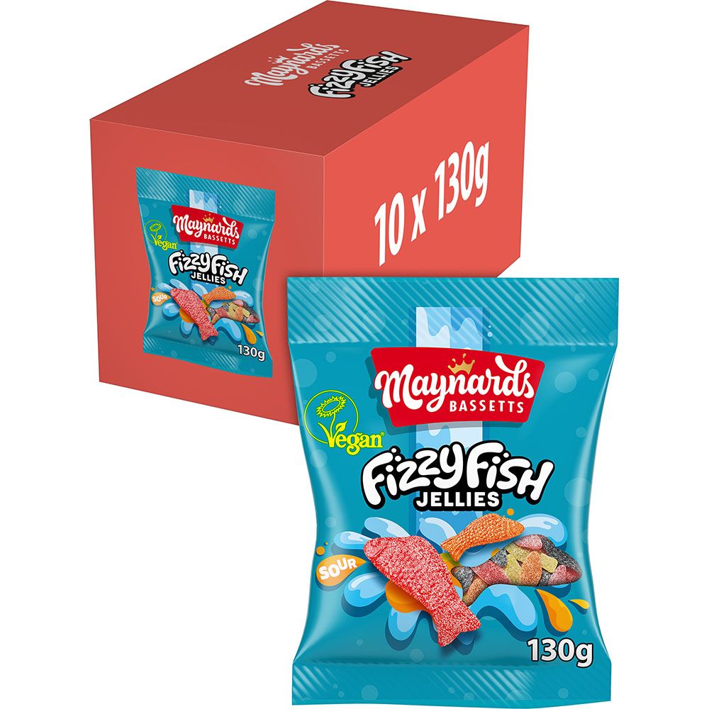 Maynards Bassetts Fizzy Fish Sweets Bag 130g (10 Pack) – Vending