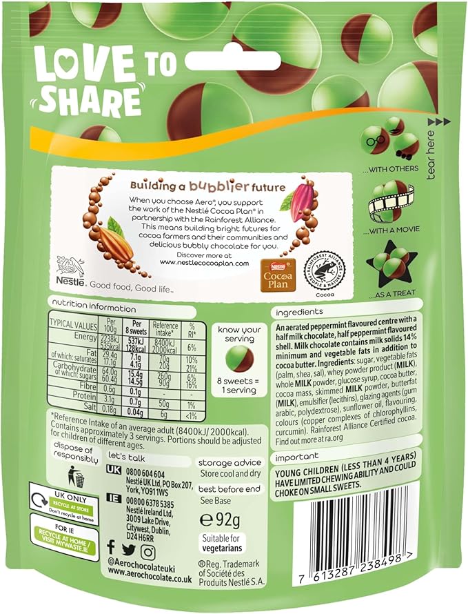 Nestle Aero Peppermint Bubbles Sharing Pouch Bag - 92g (Pack of 8)