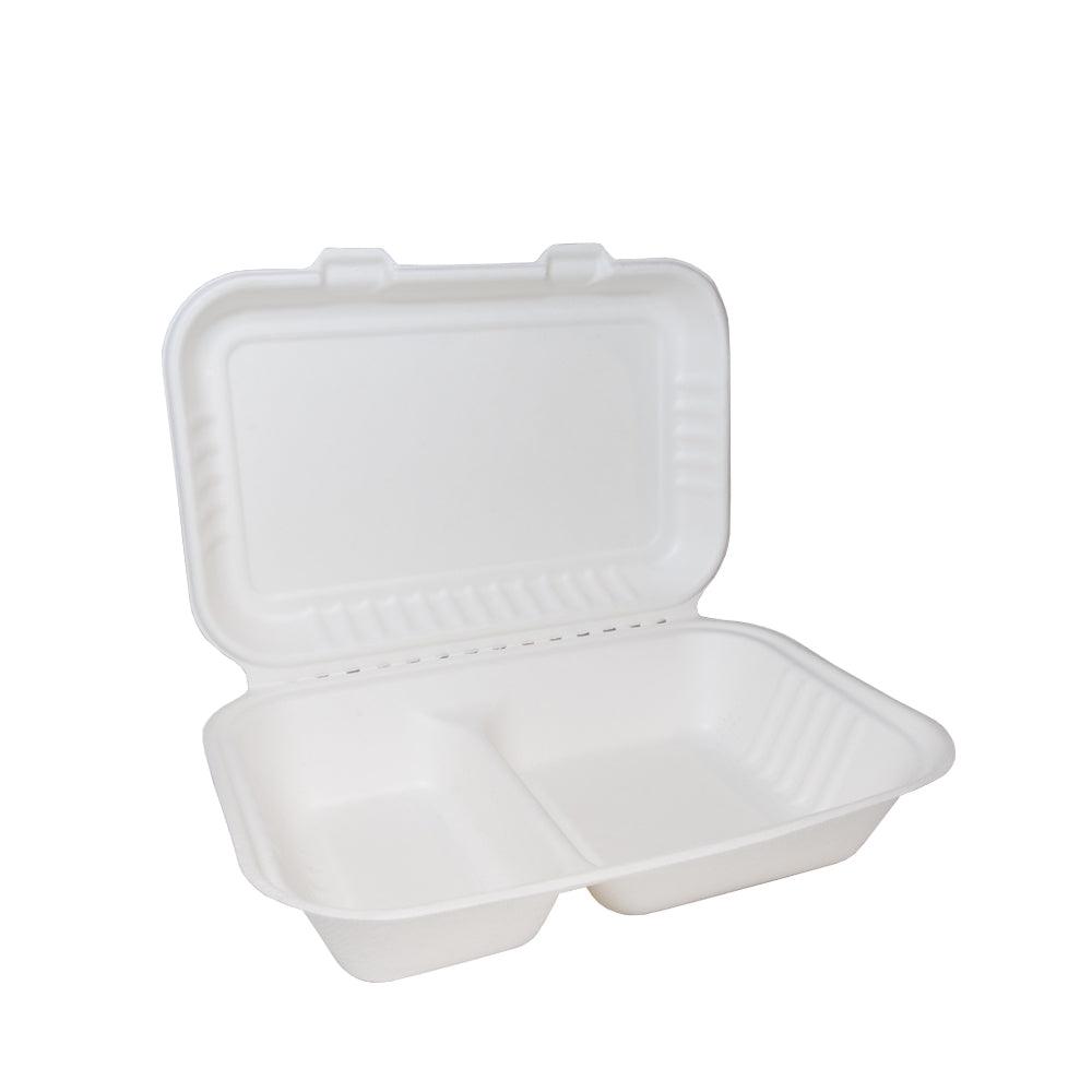 Edenware - Bagasse Clamshell Large Meal Boxes - Takeaway Food Packaging - TWO COMPARTMENT 9" x 6" - Pack of 50 - Vending Superstore