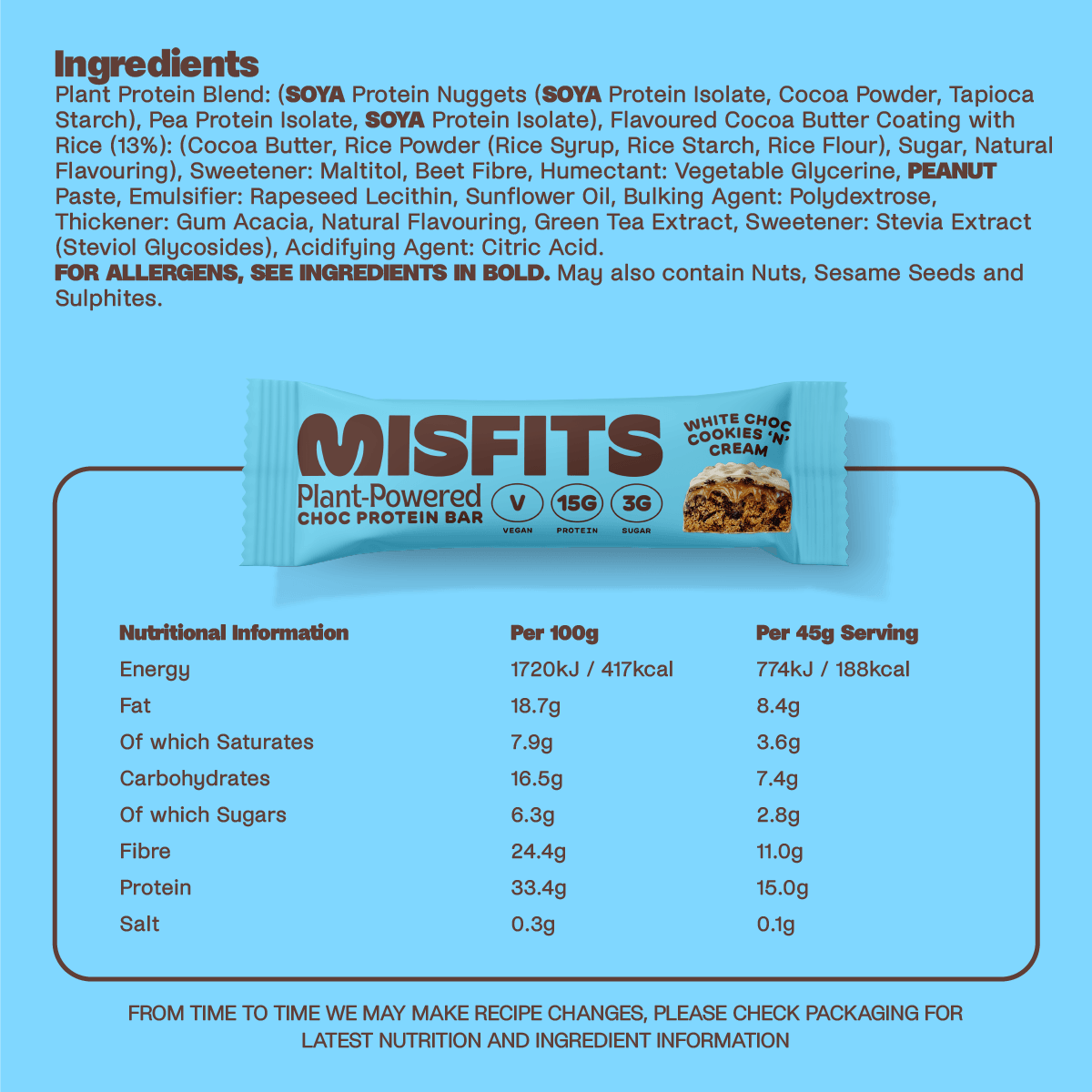 Misfits Vegan White Choc Cookies ‘N’ Cream Protein Bars - (12 x 45g) - Vending Superstore