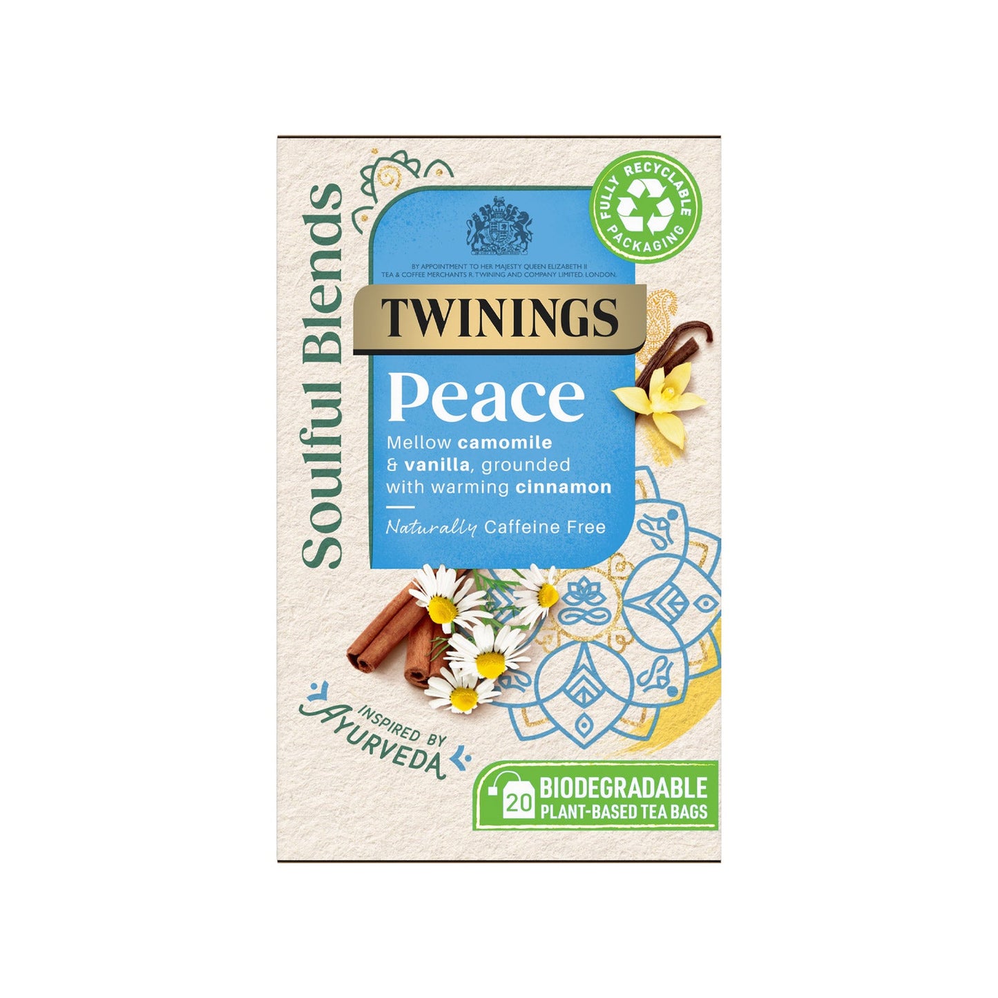 Twinings Tea: Soulful Blends Peace Vanilla & Cinnamon Flavoured Camomile Infusion with Rooibos – Individually Wrapped Envelope Tea Bags (Box of 20)