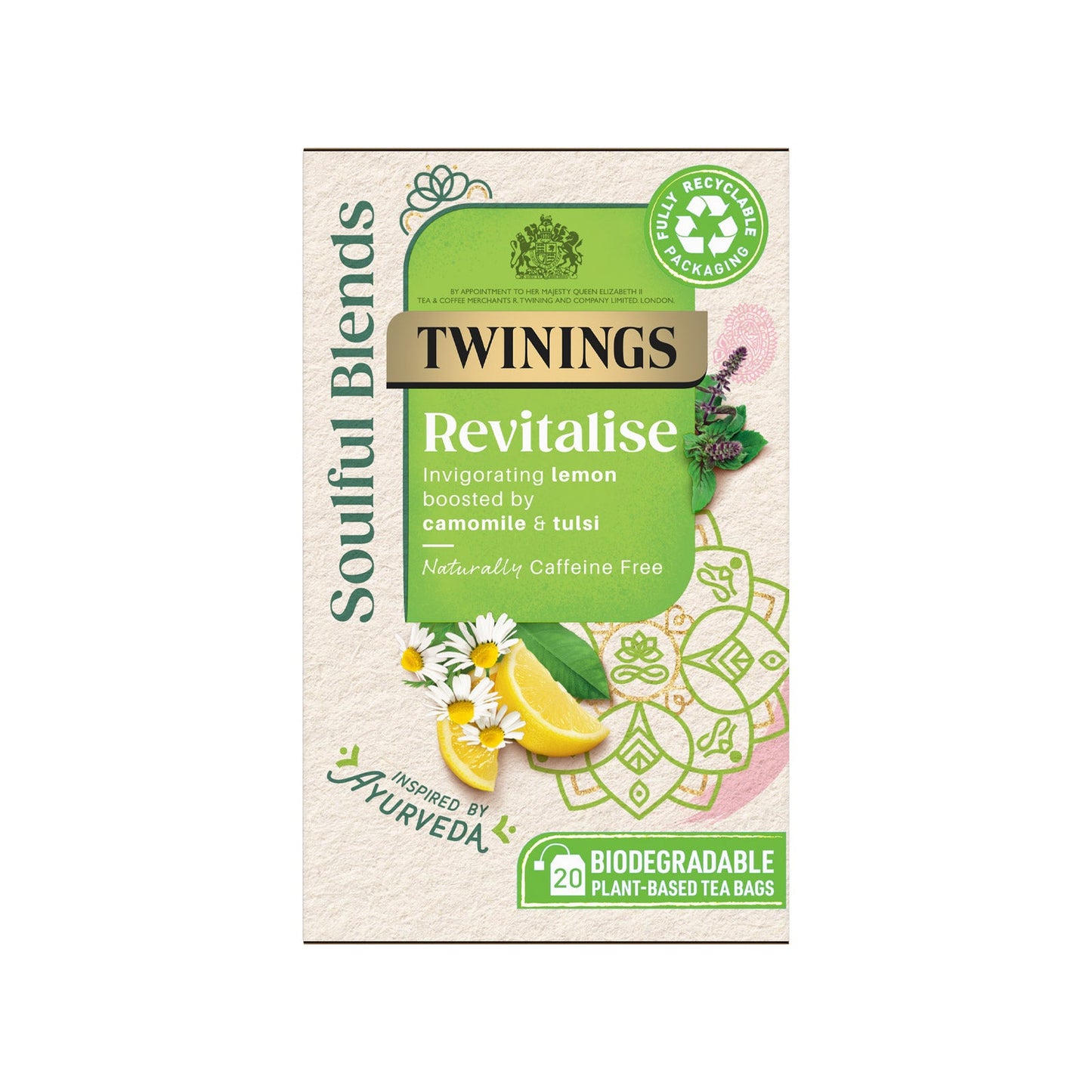 Twinings Tea: Soulful Blends Revitalise Lemon Flavoured Herbal Infusion with Camomile and Tulsi – Individually Wrapped Envelope Tea Bags (Box of 20)