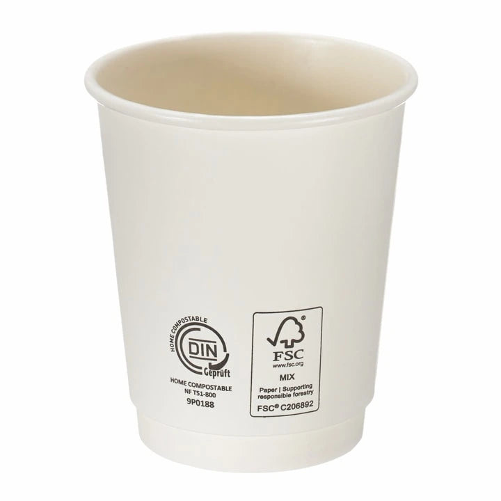 8oz White Double Wall Hot Cup – Aqueous Lined Biodegradable (Box of 500)