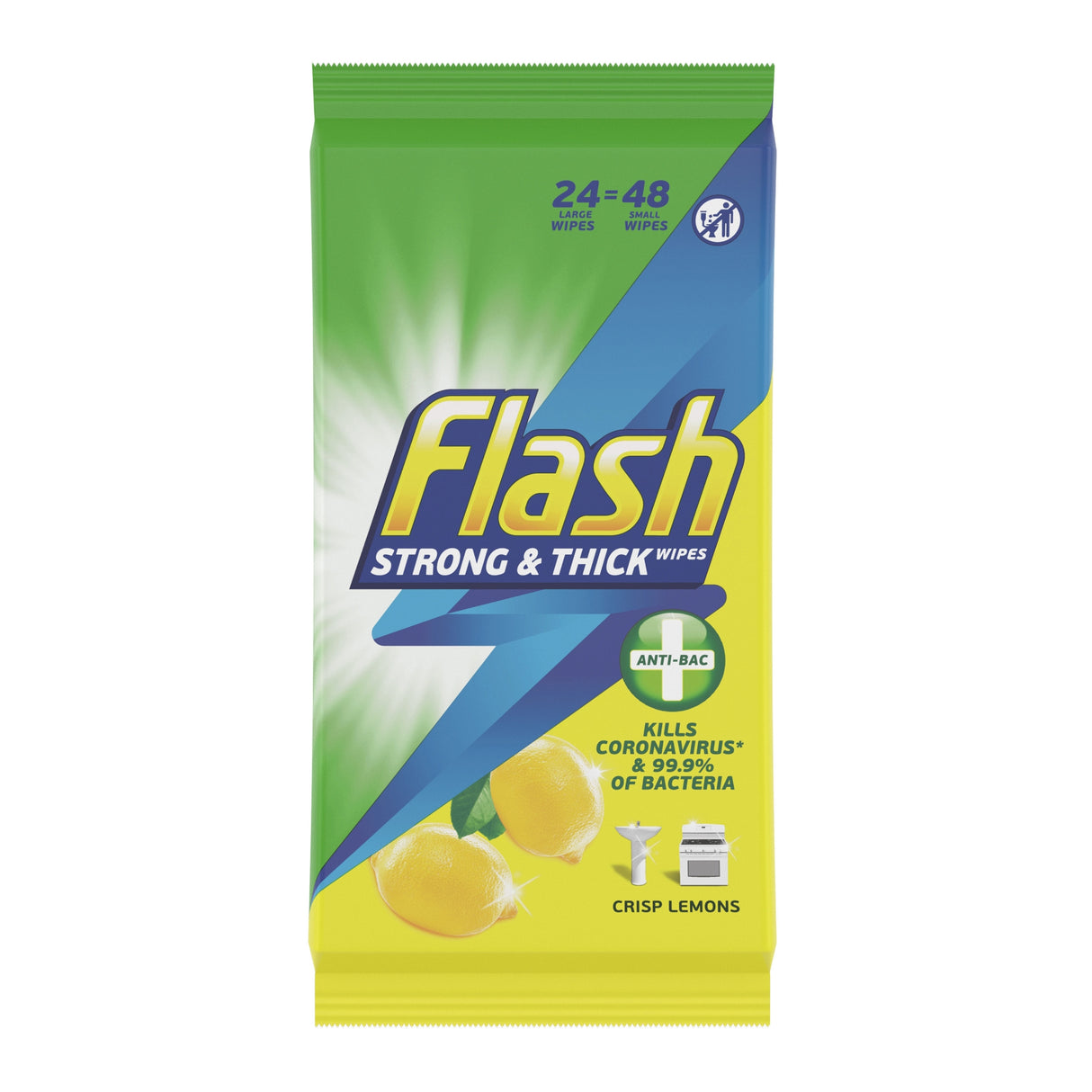 Flash Antibacterial Wipes Extra Large Lemon (Pack 24 / 48 )