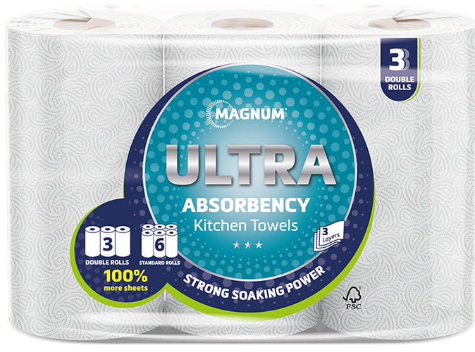 Magnum Ultra Double Kitchen Towel (3 Rolls = 6 Rolls) - 3 Ply - Pack of 3 Rolls