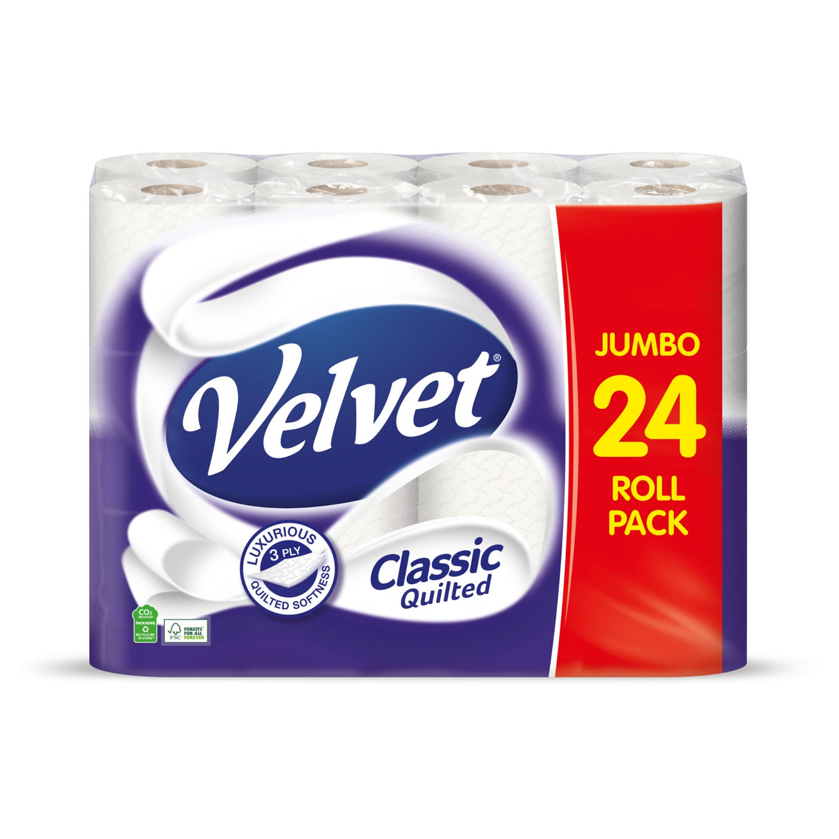 Velvet Classic Quilted Soft Toilet Roll - 3 Ply- Jumbo Pack of 24