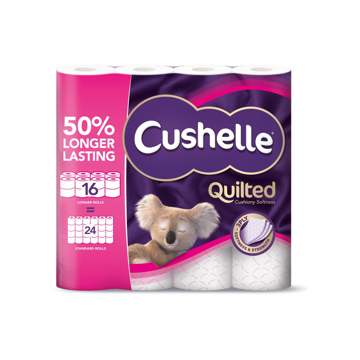 Cushelle Quilted Toilet Roll Family Pack - 16 Rolls = 24 Rolls - 50% Longer Rolls