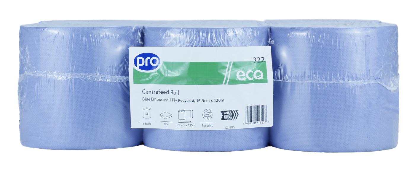 Pro Centrefeed Paper Rolls 2-Ply Blue - 16.6cm x 120m - Pack of 6