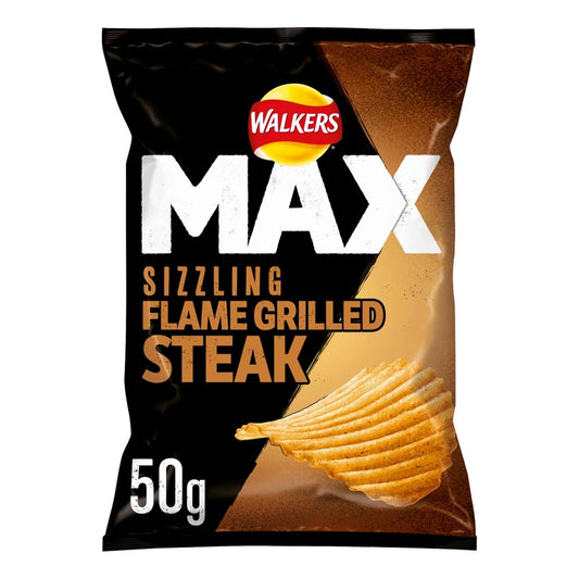 Walkers Max Sizzling Flame Grilled Steak Ridged Crisps 50g (Box of 24)