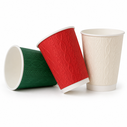 10oz Christmas Double Wall Cable-Knit Embossed Coffee Cups - Mixed Colours - Case of 500