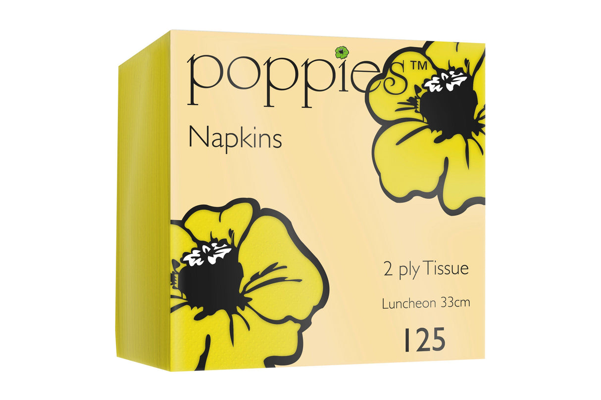 Poppies 2Ply Yellow Napkins 33cm - (Pack of 125)