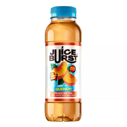 A bottle of Juice Burst Quenot Peach Ice Tea with a blue cap and a white label featuring peach graphics, isolated on a white background.