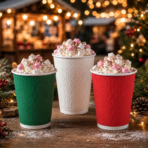 10oz Christmas Double Wall Cable-Knit Embossed Coffee Cups - Mixed Colours - Case of 500