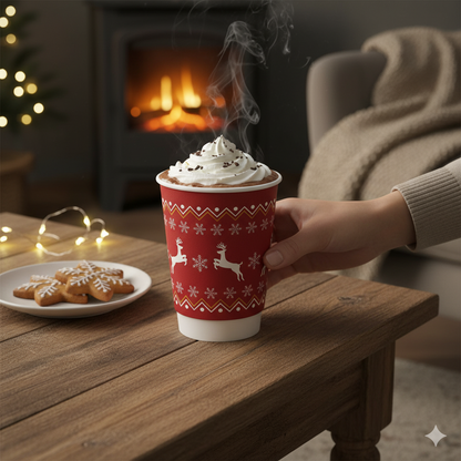 12oz Double Wall Christmas Coffee Takeaway Cups - Red Reindeer Christmas Design (Box of 500) (Code: XD04031XM)