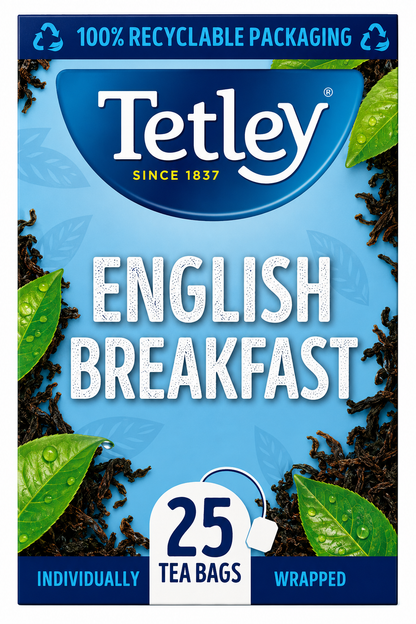 Tetley English Breakfast Individually Wrapped Envelope Tea Bags – 25 Pack