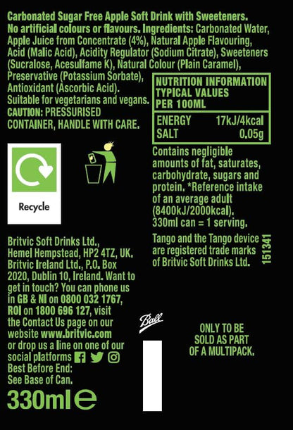 Tango Apple Sugar Free: Soft Drink Cans - 330ml (Pack of 24)