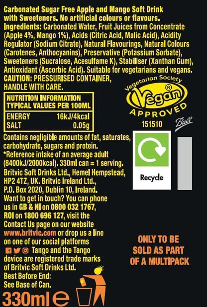 Tango Mango Sugar Free: Soft Drink Cans - 330ml (Pack of 24)