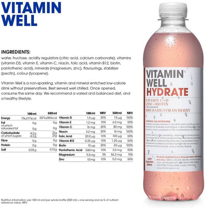 Vitamin Well Hydrate Rhubarb & Strawberry - 500ml (Pack of 12)