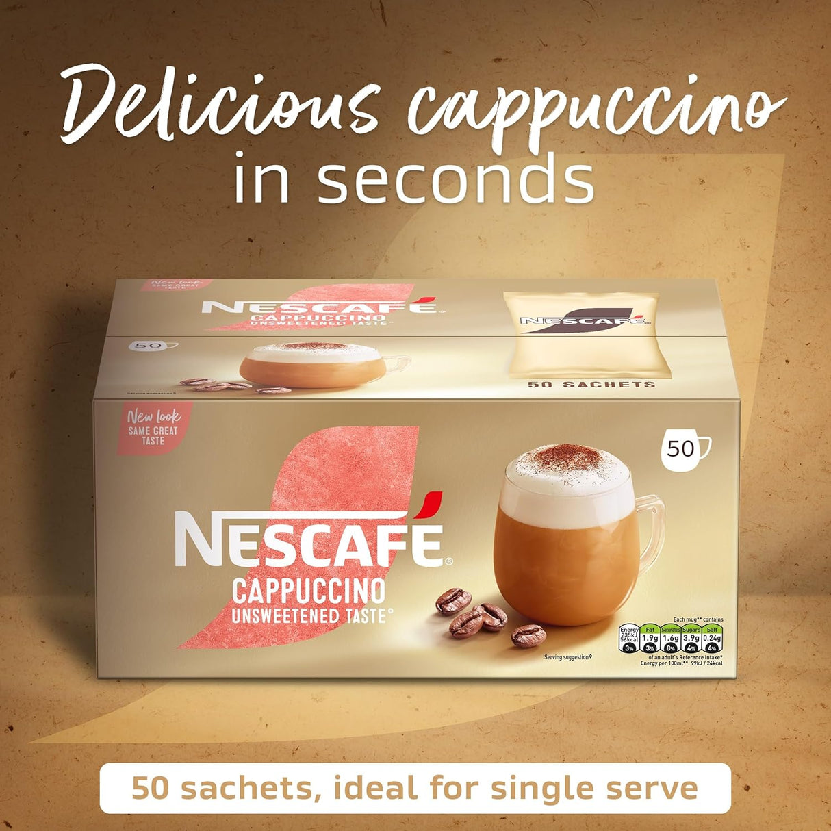 Nescafe Cappuccino Unsweetened Taste: Individual Coffee Stick Portions - (Box of 50)