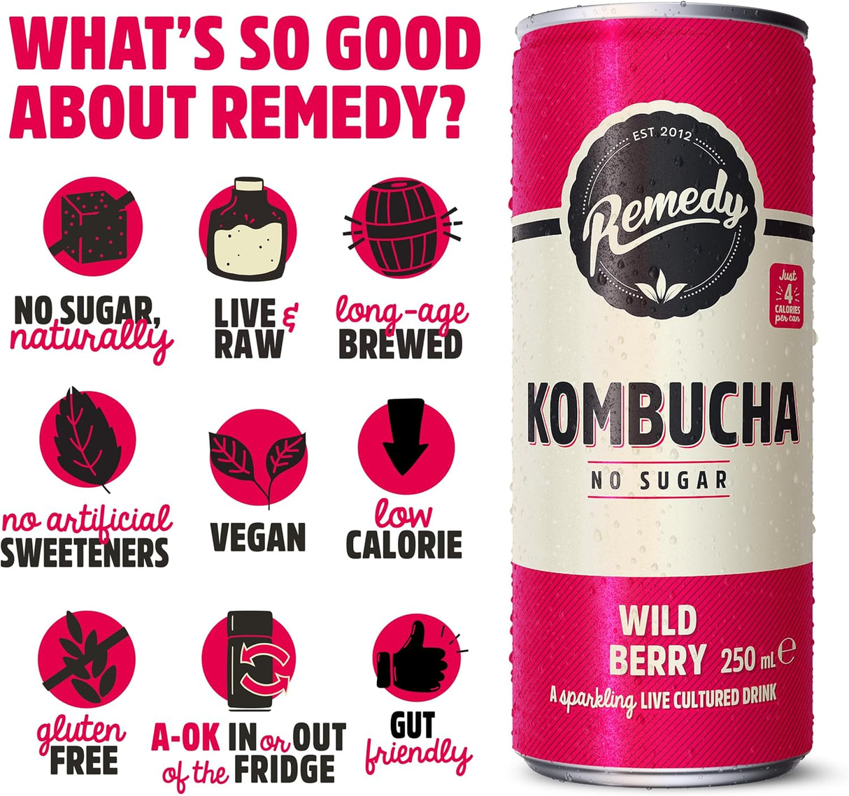 Remedy Kombucha - Wild Berry - 250ml Cans (Pack of 12)