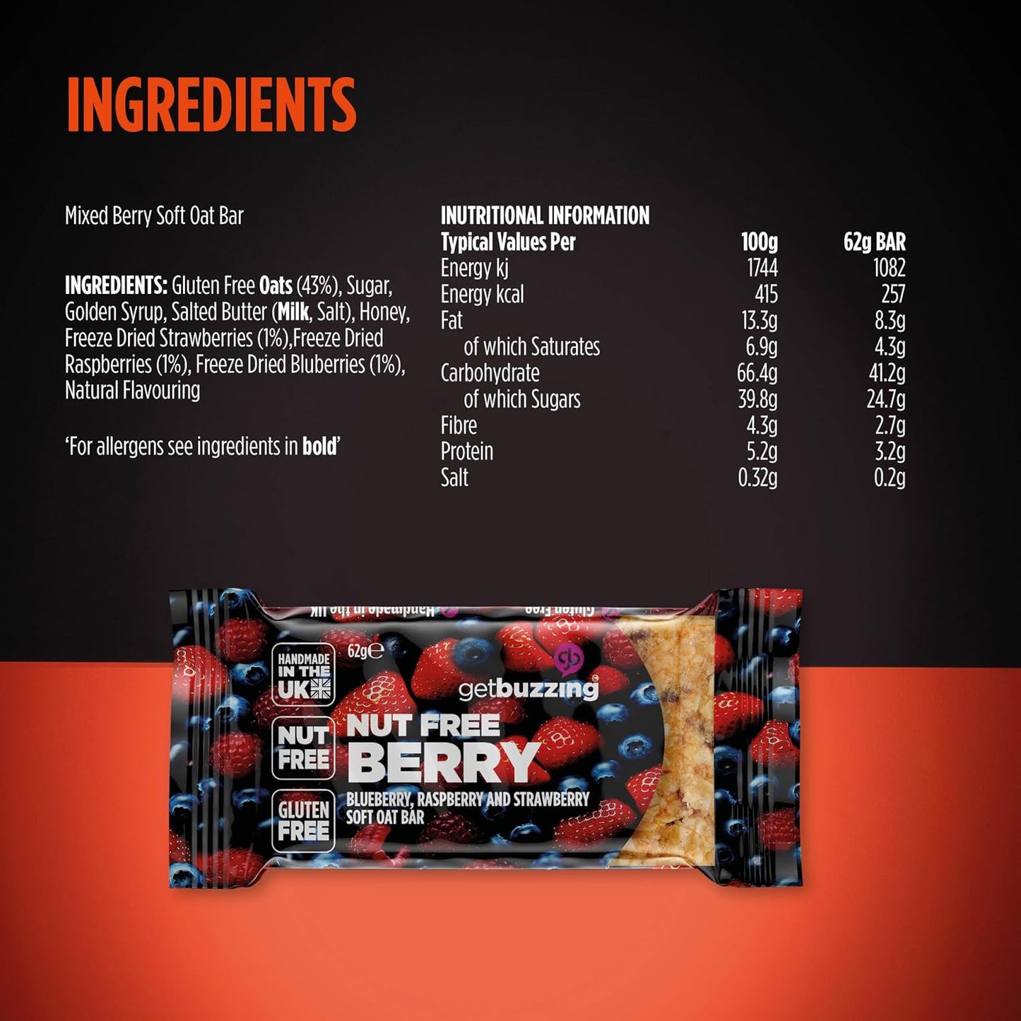 GetBuzzing Nut & Gluten Free Berry Flapjack Bar 62g - Box of 20