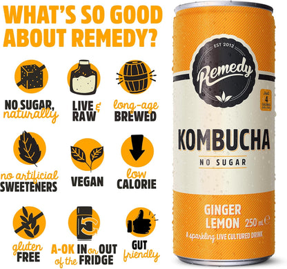 Remedy Kombucha Ginger Lemon - 250ml Cans (Pack of 12)