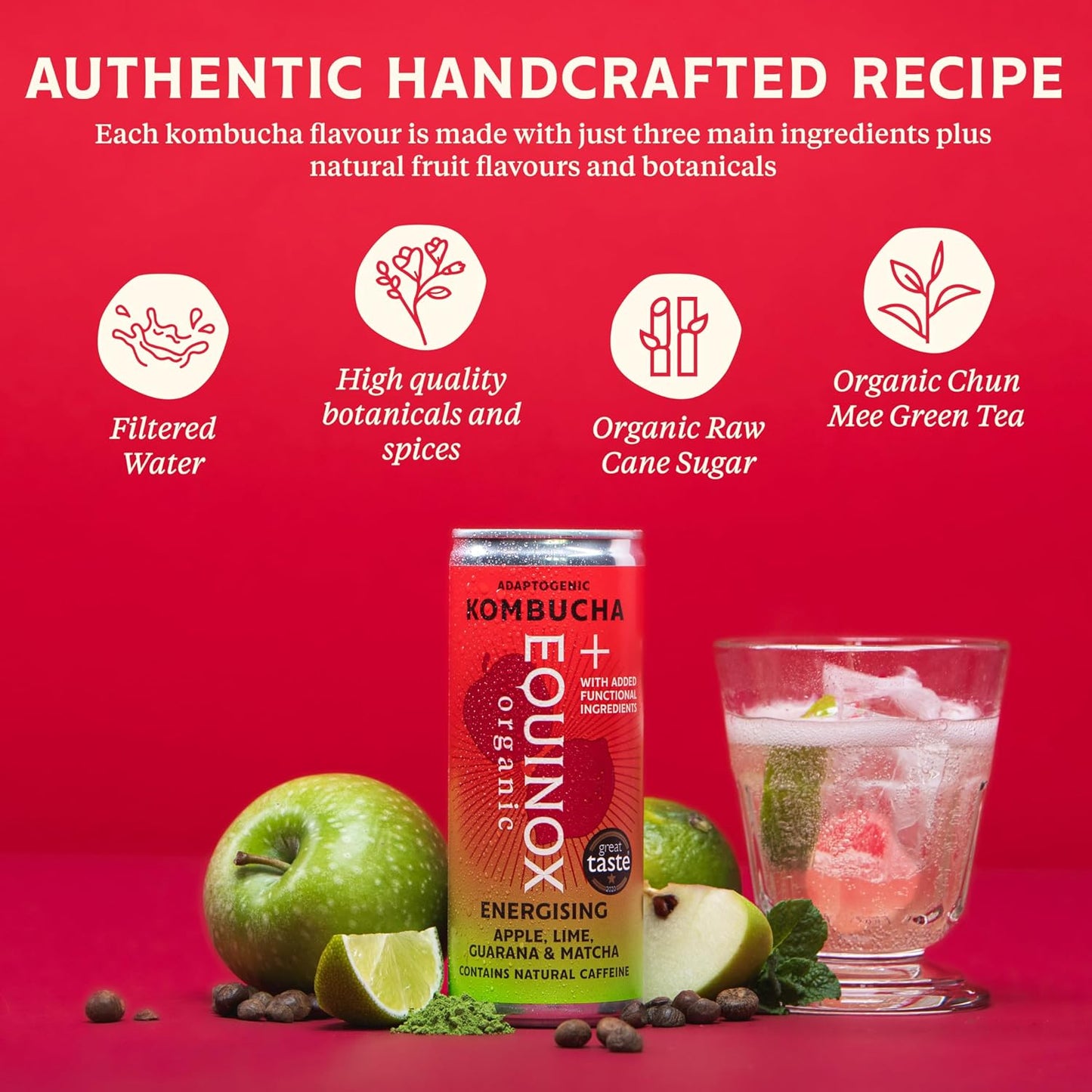 Equinox Organic Apple Lime Guarana and Matcha Kombucha Energy Drink 250ml - Case of 12