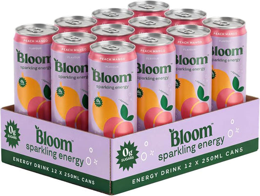 Bloom Sparkling Energy Drink Peach Mango - 250ml Can (Pack of 12)