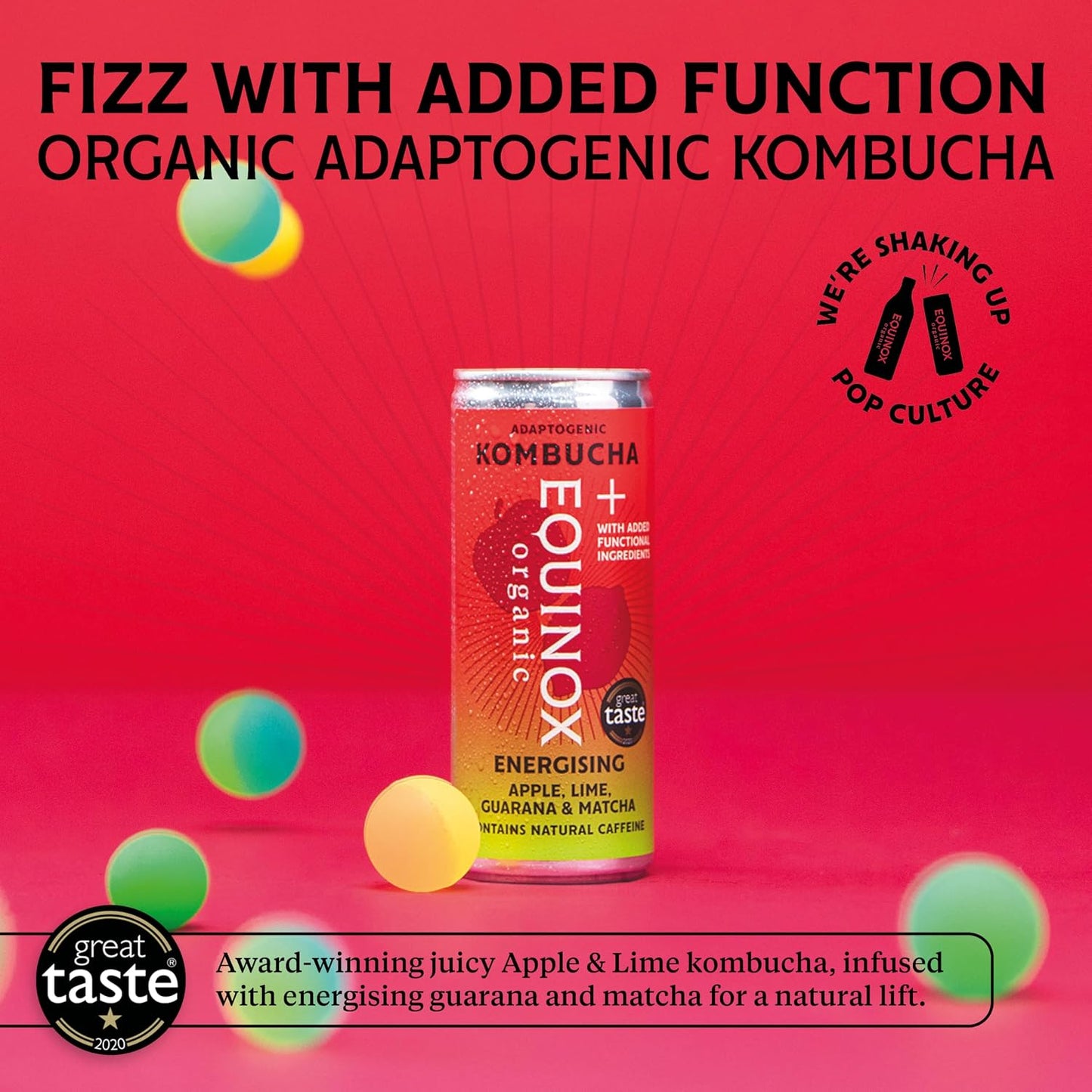 Equinox Organic Apple Lime Guarana and Matcha Kombucha Energy Drink 250ml - Case of 12
