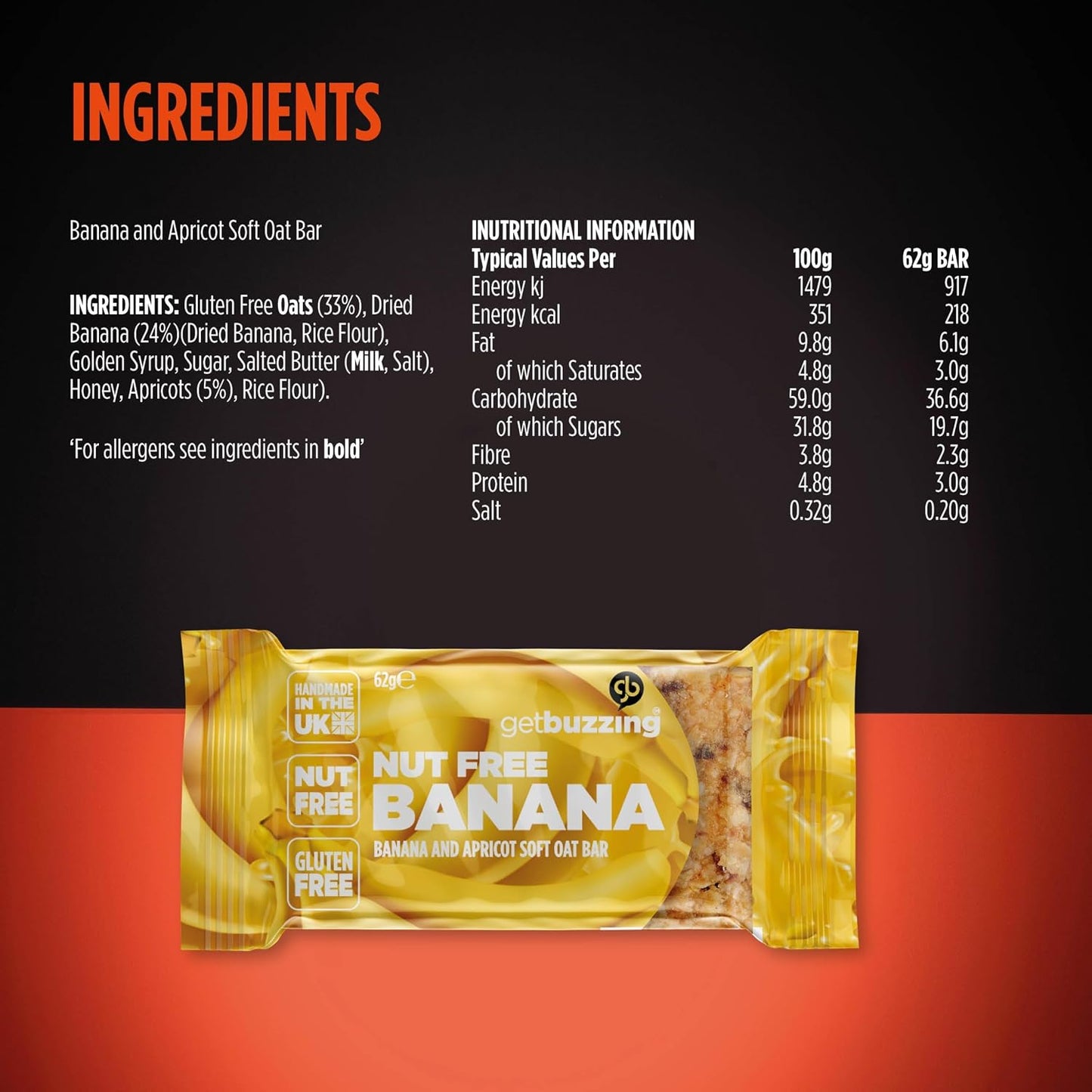 GetBuzzing Nut & Gluten Free Banana Flapjack Bar 62g - Box of 20