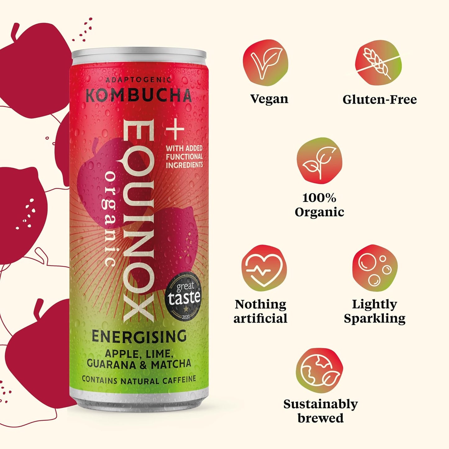 Equinox Organic Apple Lime Guarana and Matcha Kombucha Energy Drink 250ml - Case of 12