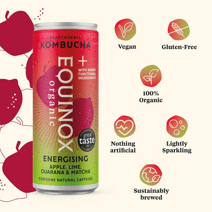 Equinox Organic Apple Lime Guarana and Matcha Kombucha Energy Drink 250ml - Case of 12