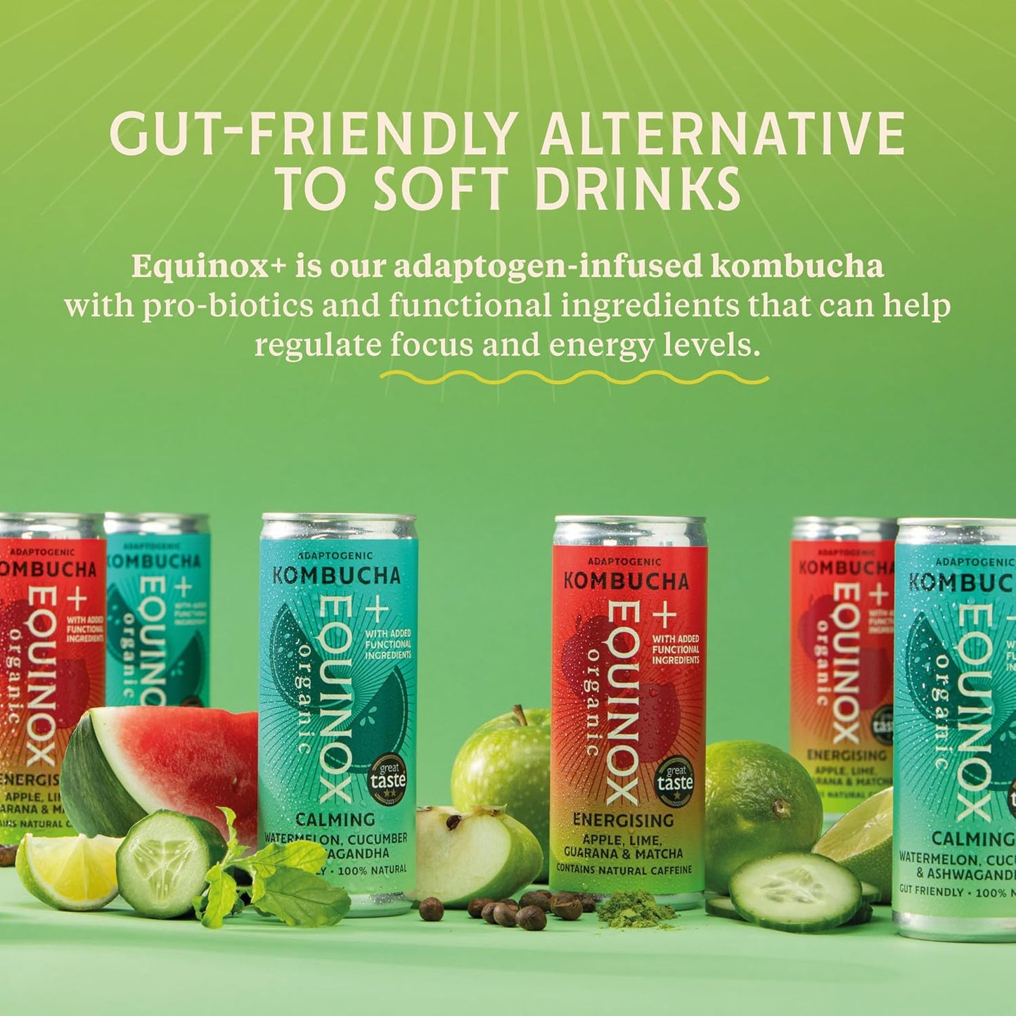 Equinox Organic Apple Lime Guarana and Matcha Kombucha Energy Drink 250ml - Case of 12