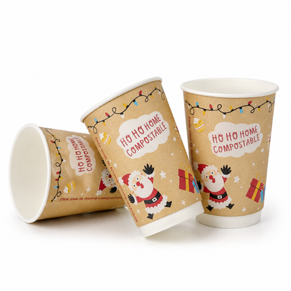16oz Christmas Double Wall Aqueous Lined Compostable Coffee Cups - Case of 500