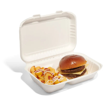 Two-Compartment Bagasse Clamshell Meal Boxes 9"x6" - Case of 250