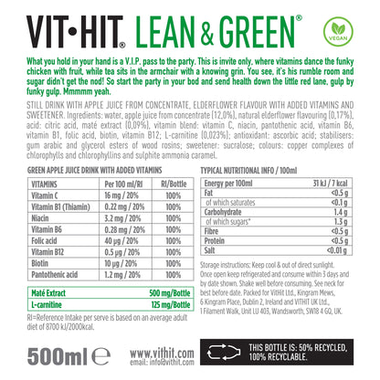 Vit-Hit Lean & Green: Apple+Elderflower - 500ml (Pack of 12)