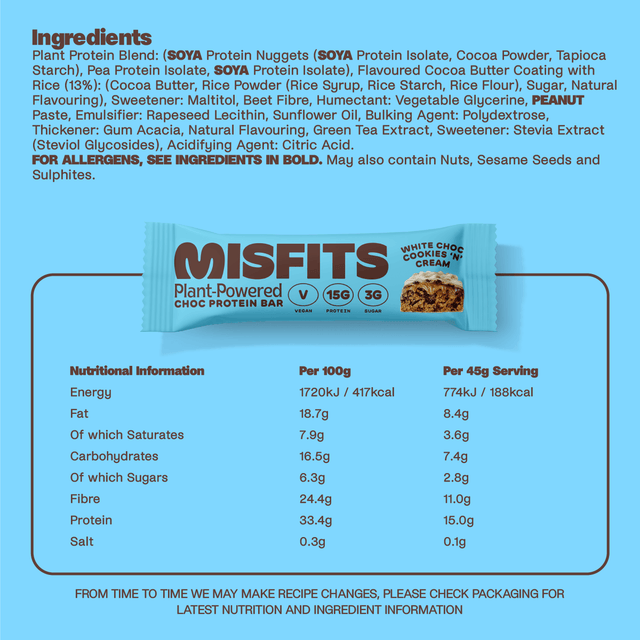 Misfits Vegan White Choc Cookies ‘N’ Cream Protein Bars 45g (Box of