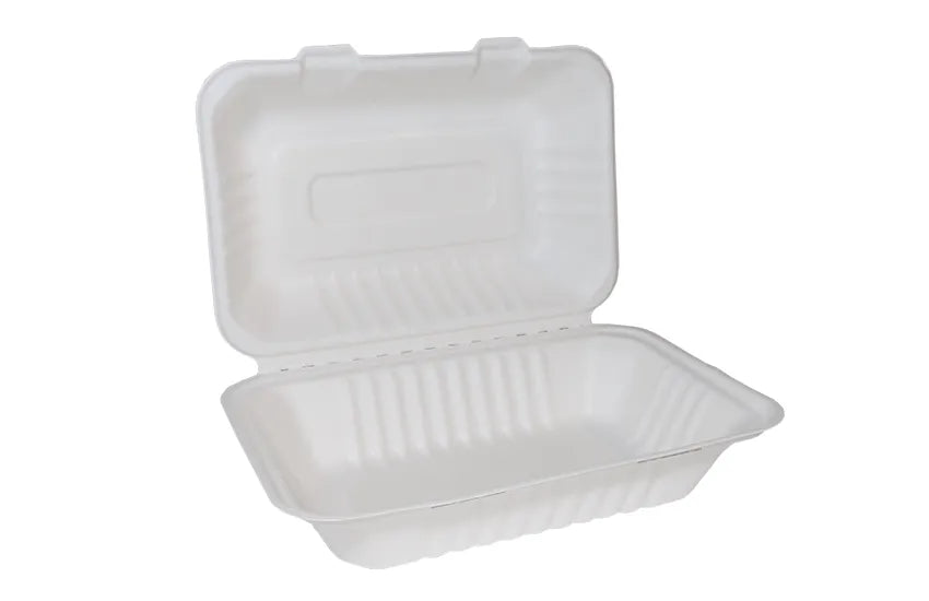 Edenware - Bagasse Clamshell Large Meal Boxes - Takeaway Food Packaging - 9" x 6" - Pack of 125 - Vending Superstore