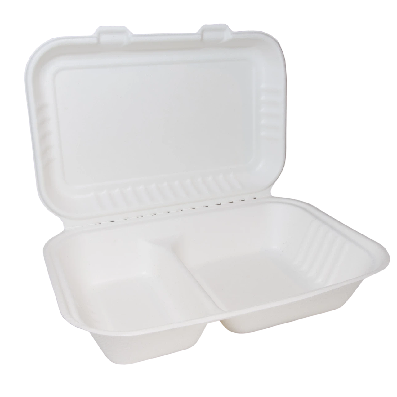Two-Compartment Bagasse Clamshell Meal Boxes 9"x6" - Case of 250
