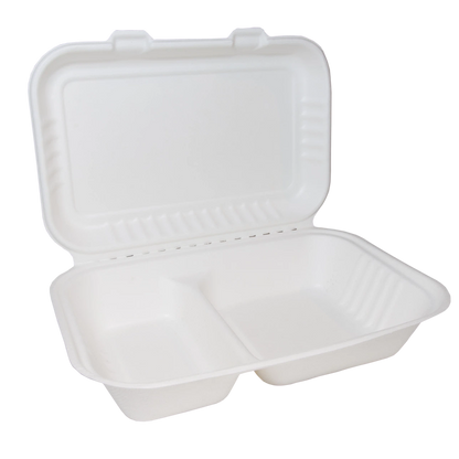 Two-Compartment Bagasse Clamshell Meal Boxes 9"x6" - Case of 250