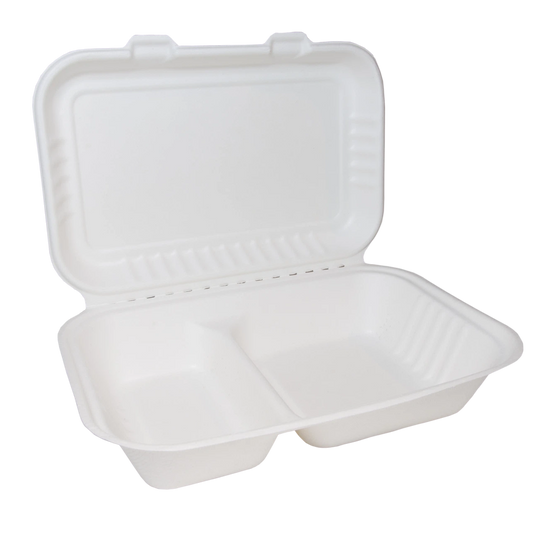 Two-Compartment Bagasse Clamshell Meal Boxes 9"x6" - Case of 250