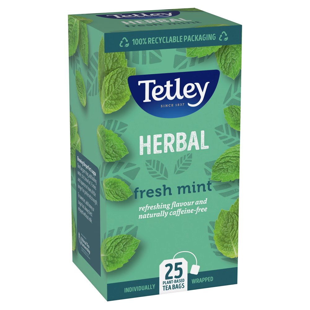 Tetley Tea Herbal: Fresh Mint Fusion Tea Bags - Individually Wrapped Envelopes - (Box of 25)