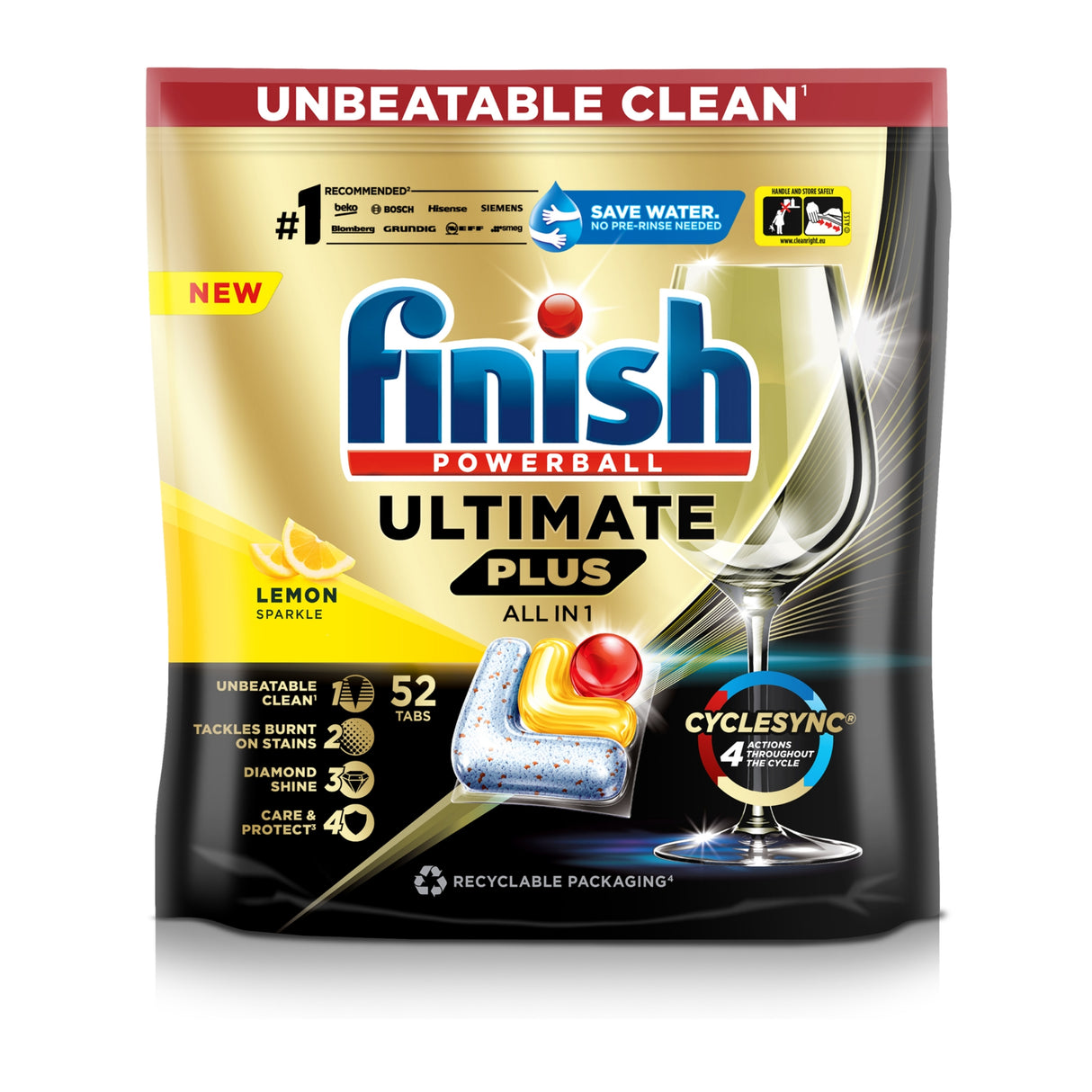 Finish Ultimate Plus All In 1 Dishwasher Tablets, Lemon Sparkle - 1 x 52 Tabs