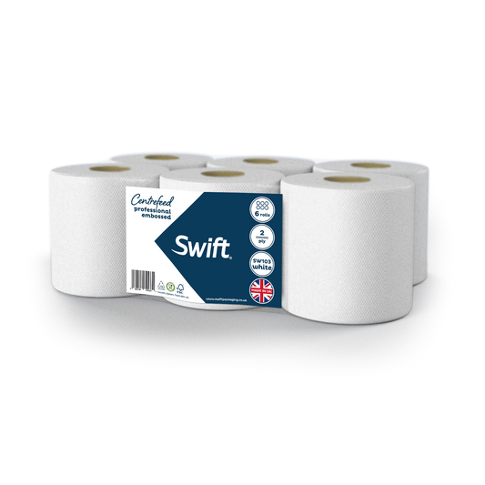 Swift White Embossed 2 Ply Professional Centrefeed Paper Rolls (Pack of 6)
