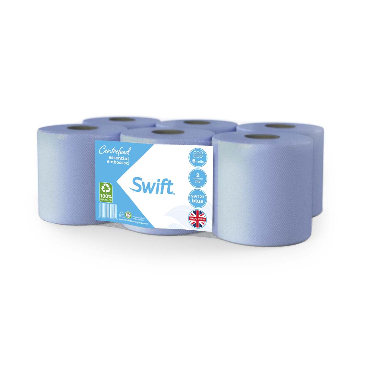 Swift Blue Economy Embossed 2 Ply Essential Centrefeed Paper Rolls Blue (Pack of 6)