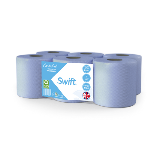 Swift Blue Economy Embossed 2 Ply Essential Centrefeed Paper Rolls Blue (Pack of 6)