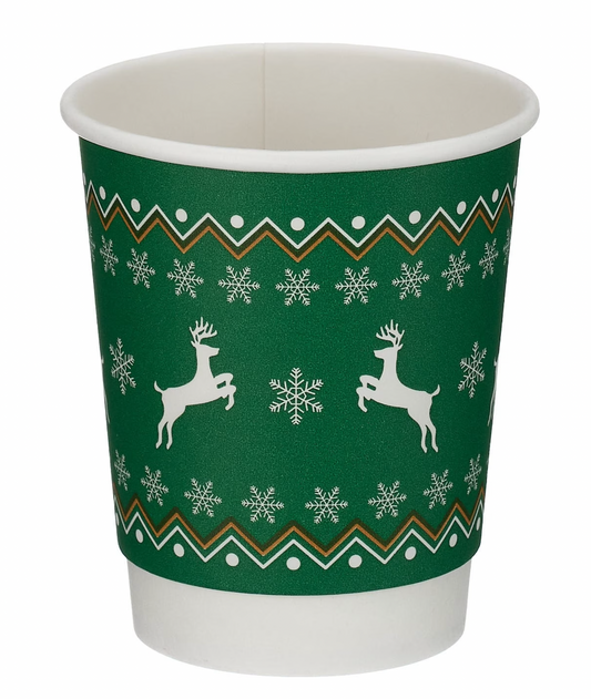 8oz Double Wall Christmas Coffee Takeaway Cups - Green Reindeer Christmas Design (Box of 500) (Code: XD04021XM)