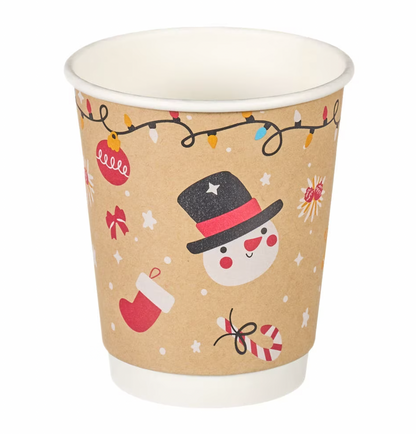 8oz Double Wall Aqueous Lined Compostable Christmas Coffee Takeaway Cups - Festive Design (Box of 500) (Code: XQ04122XM)