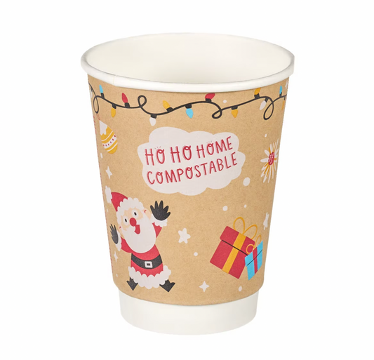 12oz Double Wall Aqueous Lined Compostable Christmas Coffee Takeaway Cups - Festive Design (Box of 500) (Code: XQ04133XM)
